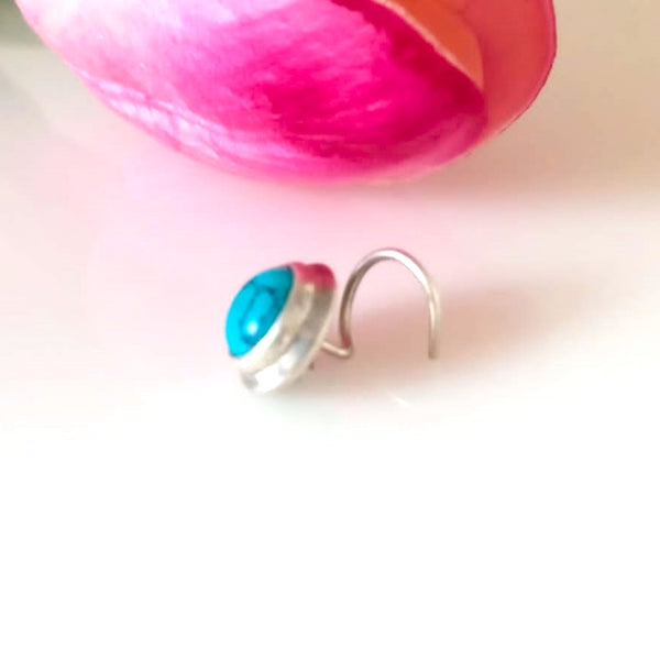 Handmade Pure Silver Turquoise Nose Pin ( Pierced ) - Enumu