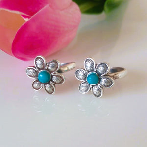 Big Adjustable Pure Silver Turquoise Toe Rings - Enumu