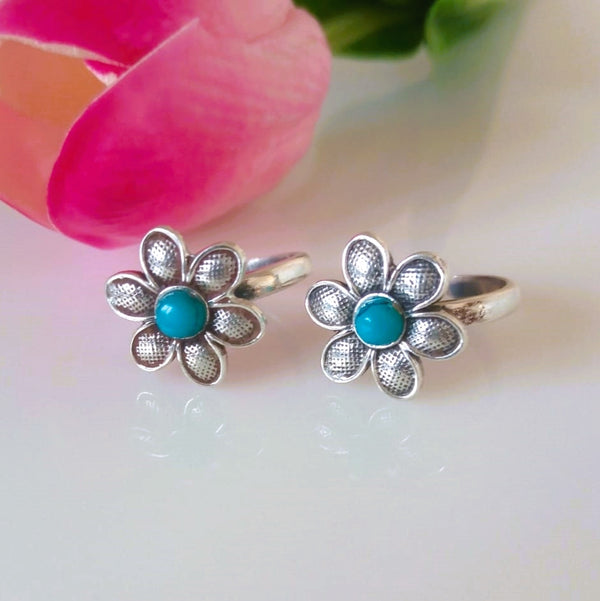 Big Adjustable Pure Silver Turquoise Toe Rings - Enumu