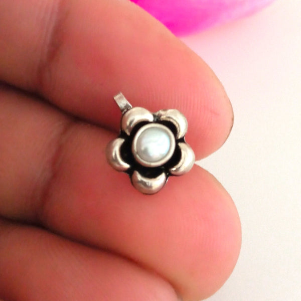 Handmade Pure Silver Flower Pearl Nose Pin ( Non - Pierced ) - Enumu