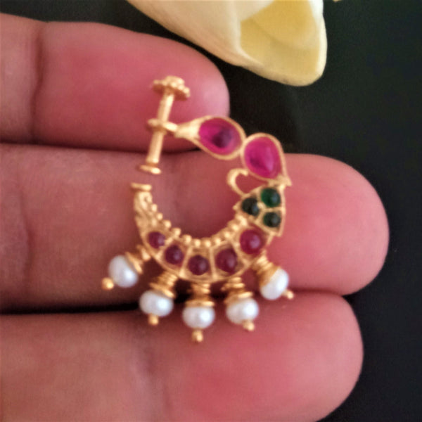 Pure Silver Ruby Emerald Pearl Press Nose Pin - Enumu