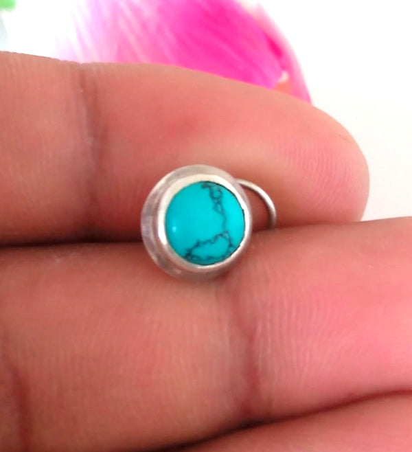 Handmade Pure Silver Turquoise Nose Pin ( Pierced ) - Enumu