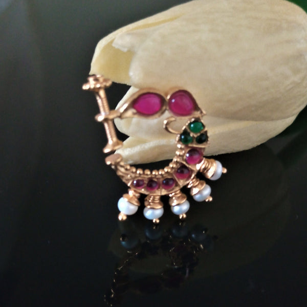 Pure Silver Ruby Emerald Pearl Press Nose Pin - Enumu