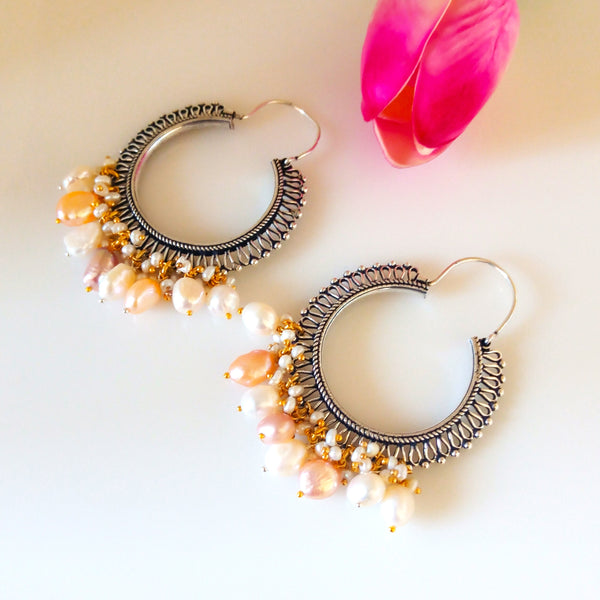 Pure Silver Multi Color Natural Pearl Hoops - Enumu