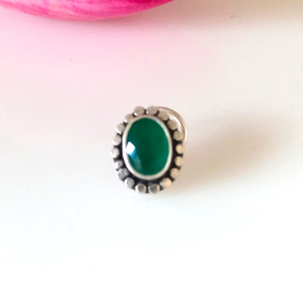 Pure Silver Emerald Nose Pin ( Pierced ) - Enumu