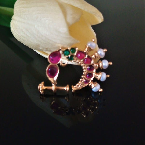 Pure Silver Ruby Emerald Pearl Press Nose Pin - Enumu