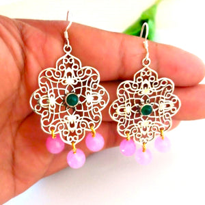 Pure Silver Pink Chalcedony Emerald Earrings - Enumu
