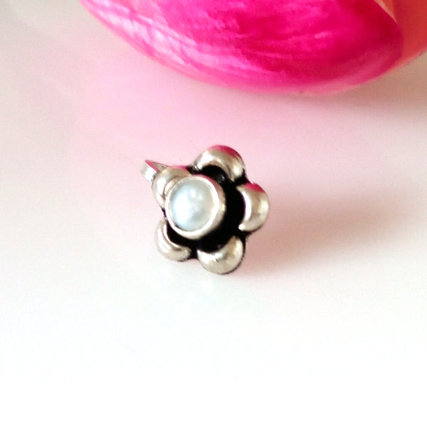 Handmade Pure Silver Flower Pearl Nose Pin ( Non - Pierced ) - Enumu