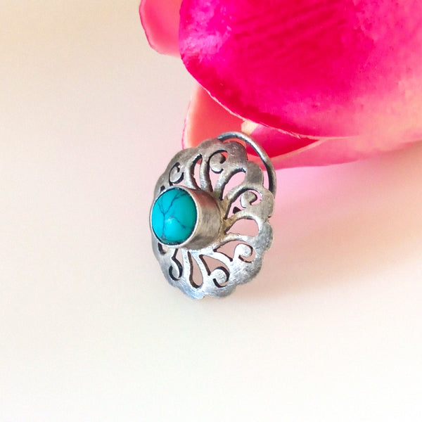 Handmade Pure Silver 92.5 Turquoise Nose Pin ( Pierced ) - Enumu