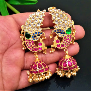 Handmade Pure Silver Peacock Kundan Jhumkas - Enumu