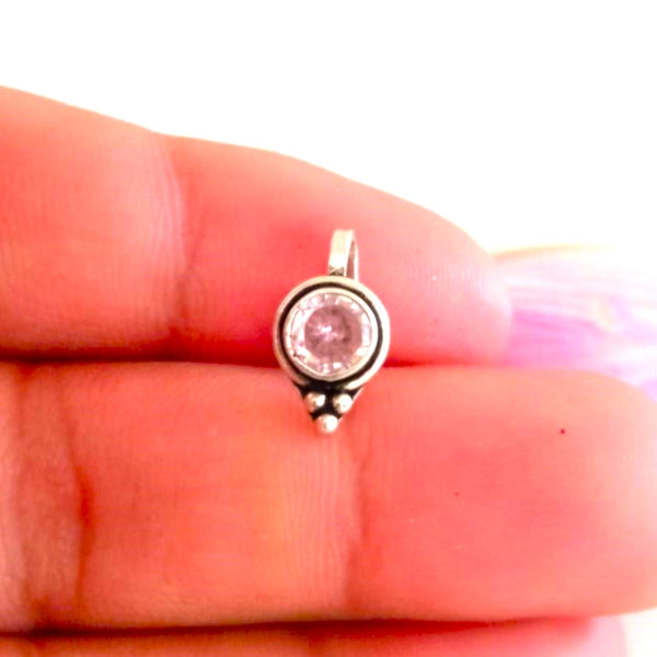 Handmade Pure Silver Pink Tourmaline Nose Pin ( Pierced ) - Enumu