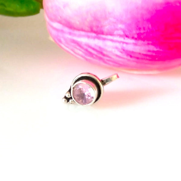 Handmade Pure Silver Pink Tourmaline Nose Pin ( Pierced ) - Enumu