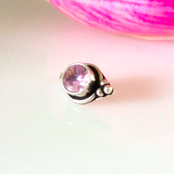 Handmade Pure Silver Pink Tourmaline Nose Pin ( Pierced ) - Enumu