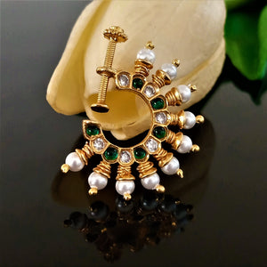 Pure Silver Emerald Pearl Press Nose Pin ( Non - Pierced ) - Enumu