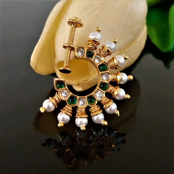 Pure Silver Emerald Pearl Press Nose Pin ( Non - Pierced ) - Enumu