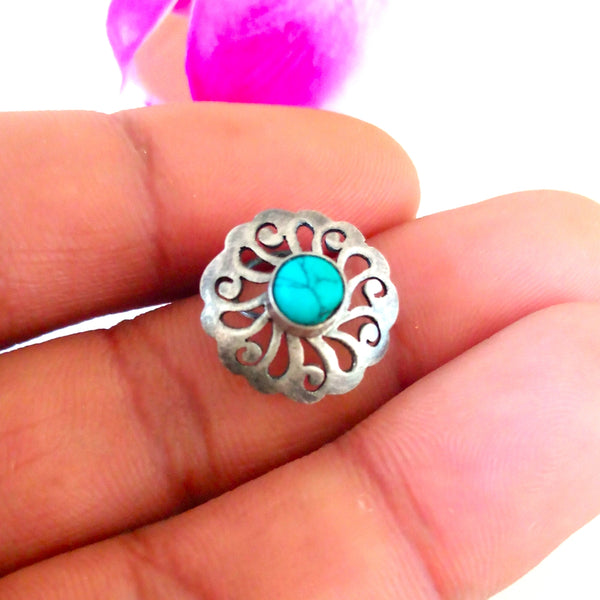 Handmade Pure Silver 92.5 Turquoise Nose Pin ( Pierced ) - Enumu