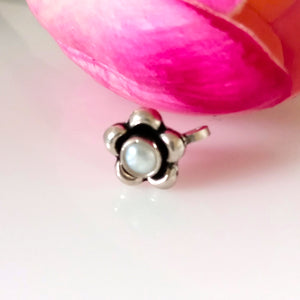 Handmade Pure Silver Flower Pearl Nose Pin ( Non - Pierced ) - Enumu