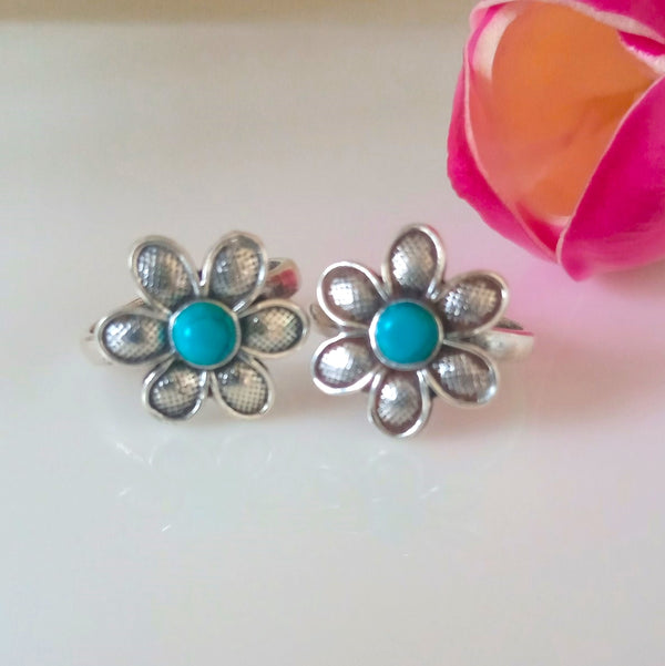 Big Adjustable Pure Silver Turquoise Toe Rings - Enumu