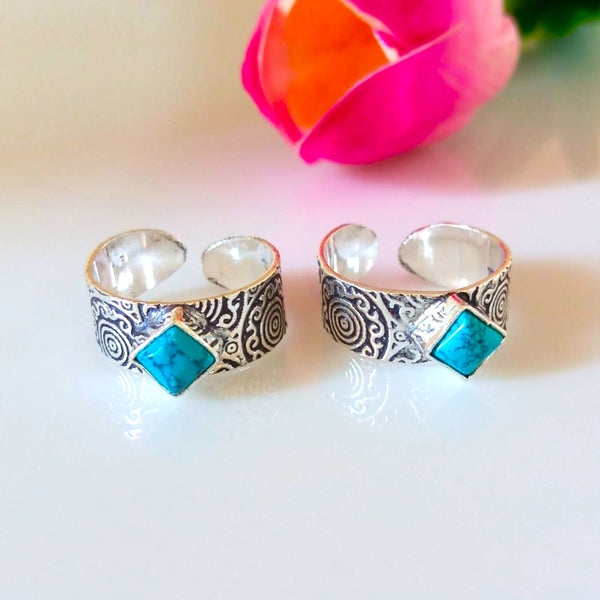 Adjustable Pure Silver Square Turquoise Toe Rings - Enumu