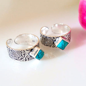 Adjustable Pure Silver Square Turquoise Toe Rings - Enumu