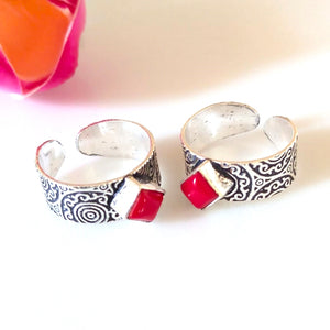 Adjustable Pure Silver Square Coral Toe Rings - Enumu