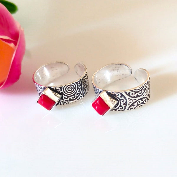 Adjustable Pure Silver Square Coral Toe Rings - Enumu