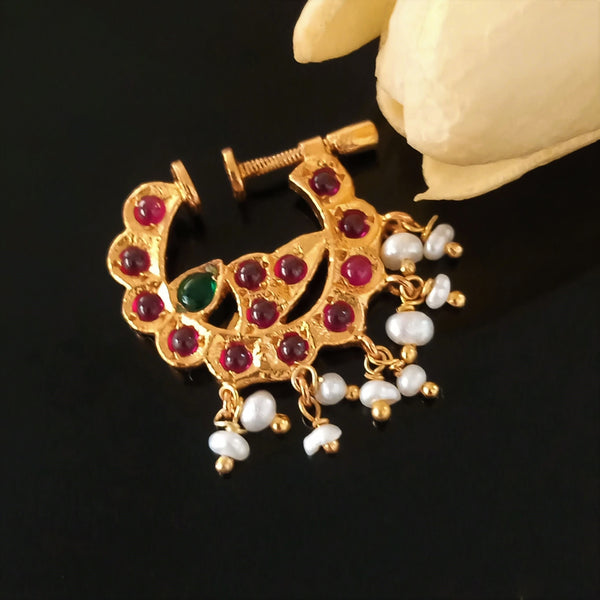 Pure Silver Pearl Ruby Nose Pin ( Non - Pierced ) - Enumu