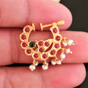 Pure Silver Pearl Ruby Nose Pin ( Non - Pierced ) - Enumu
