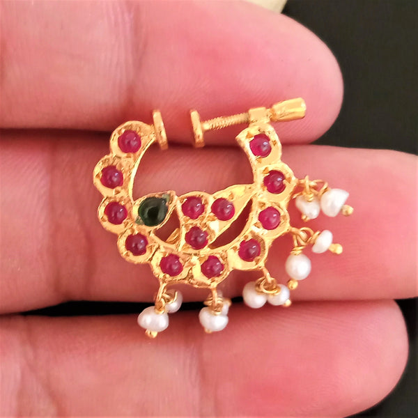 Pure Silver Pearl Ruby Nose Pin ( Non - Pierced ) - Enumu
