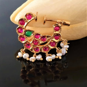 Pure Silver Pearl Ruby Nose Pin ( Non - Pierced ) - Enumu