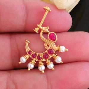 Pure Silver Peacock Ruby Pearl Nose Pin ( Non - Pierced) - Enumu