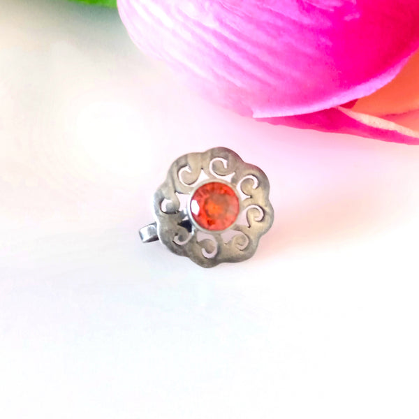 Handmade Pure Silver Flower Gold Spot/ Orange  Nose Pin ( Non - Pierced ) - Enumu
