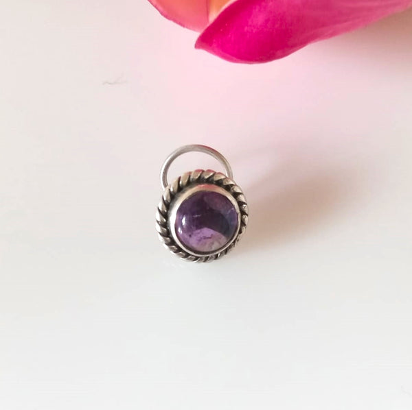 Handmade Pure Silver Uncut Amethyst Nose Pin ( Pierced ) - Enumu