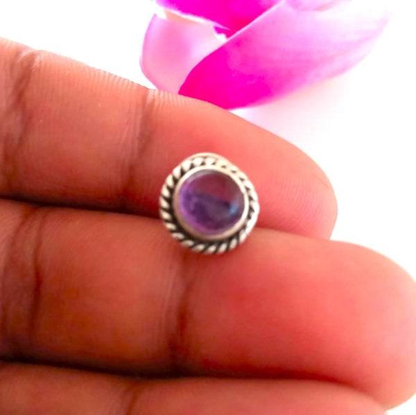Handmade Pure Silver Uncut Amethyst Nose Pin ( Pierced ) - Enumu