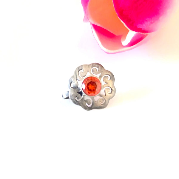 Handmade Pure Silver Flower Gold Spot/ Orange  Nose Pin ( Non - Pierced ) - Enumu