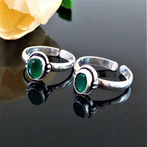 Handmade Adjustable Pure Silver Emerald Toe Rings - Enumu