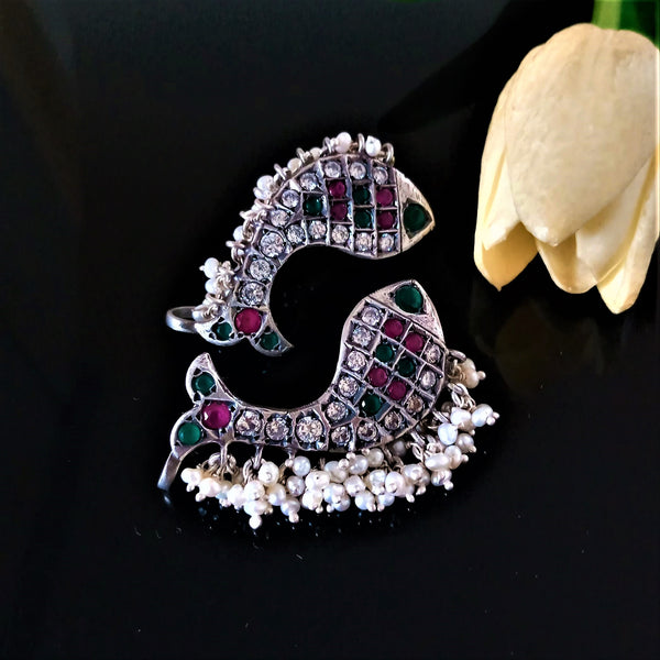 Handmade Pure Oxidized Silver Fish Pearl Ear Cuffs - Enumu