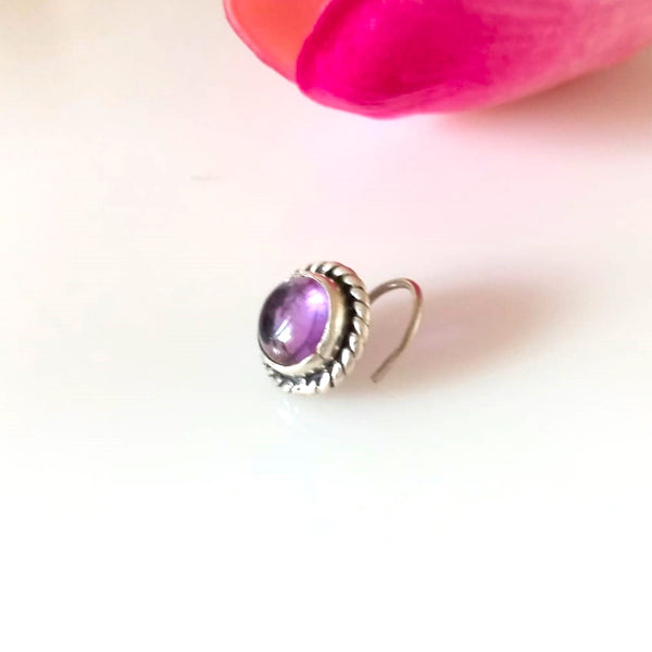 Handmade Pure Silver Uncut Amethyst Nose Pin ( Pierced ) - Enumu