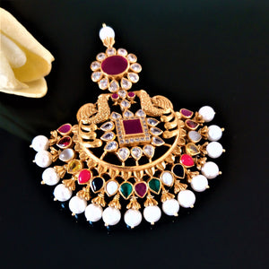 Huge Pure Silver Navratna Pendant with Pearls - Enumu