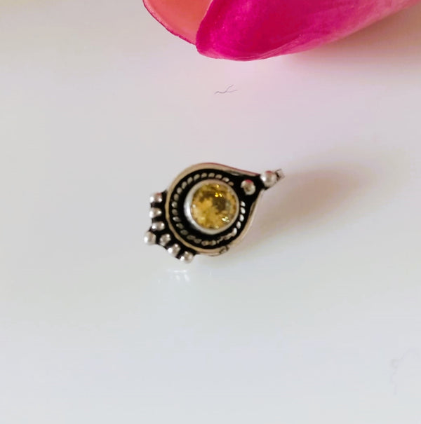Handmade Pure Silver Citrine Nose Pin ( Non - Pierced ) - Enumu