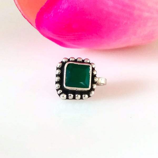 Handmade Pure Silver Emerald Square  Nose Pin ( Non - Pierced ) - Enumu