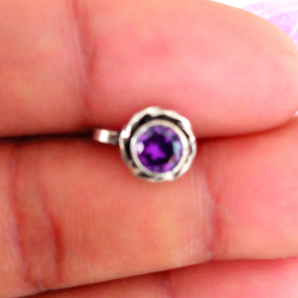 Pure Silver Amethyst Round Nose Pin ( Non - Pierced ) - Enumu