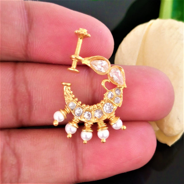 Pure Silver CZ Pearl Press Nose Pin ( Non - Pierced ) - Enumu