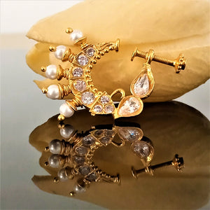 Pure Silver CZ Pearl Press Nose Pin ( Non - Pierced ) - Enumu
