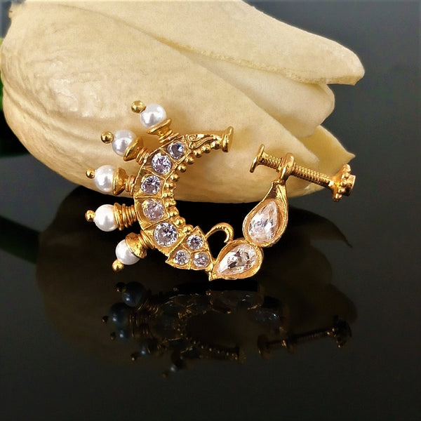Pure Silver CZ Pearl Press Nose Pin ( Non - Pierced ) - Enumu