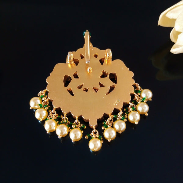 Pure Silver Kundan Beige Pearls Pendant - Enumu