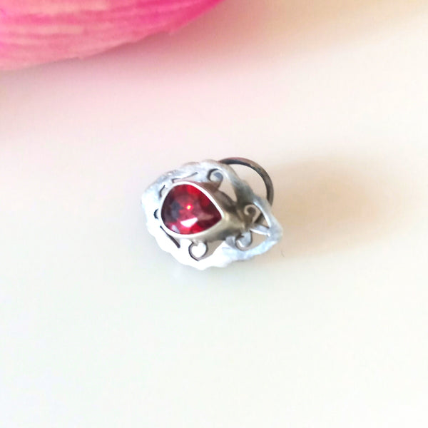 Handmade Pure Silver Garnet Nose Pin ( Pierced ) - Enumu