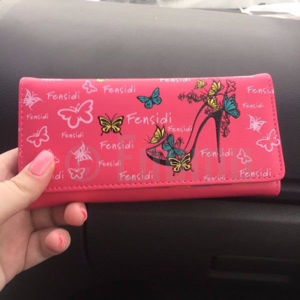 Pink High Heel and Butterflies Long Wallet - Enumu