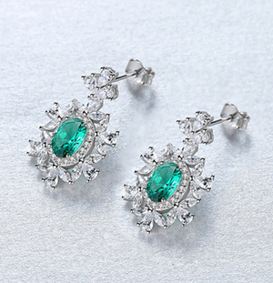 PURE 92.5 STERLING SILVER EMERALD & CZ DANGLE EARRINGS - Enumu