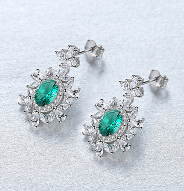 PURE 92.5 STERLING SILVER EMERALD & CZ DANGLE EARRINGS - Enumu